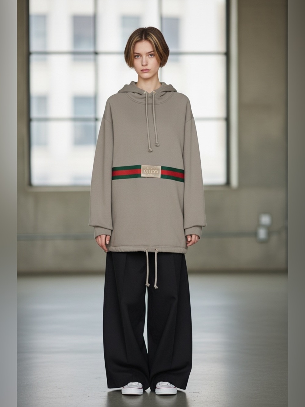 Gucci Taupe Crewneck Hoodie with Green-Red Stripe
